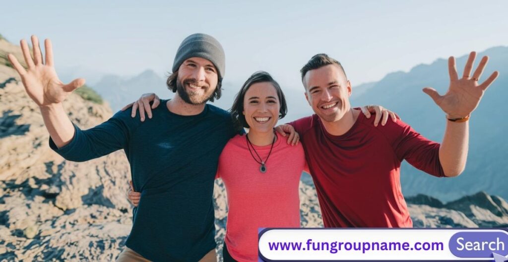 Competitive Edge Trio Group Names featuring dynamic teammates in action with powerful team name examples like 'Triple Threat,' 'Victory Squad,' and 'Power Triad' displayed on a vibrant sports-themed background.