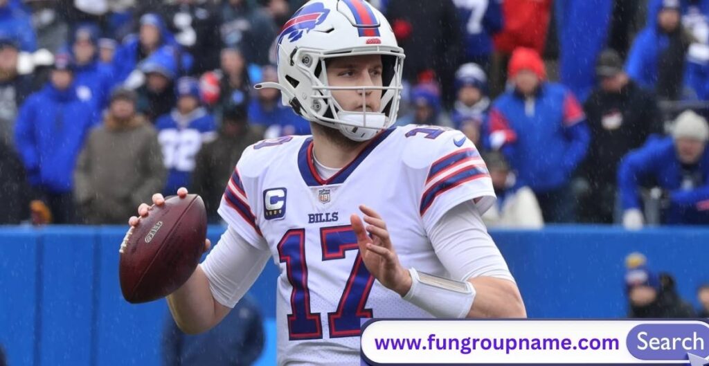Josh Allen Buffalo Bills quarterback celebrating a seasonal touchdown, wearing winter gear with football stadium background, representing fantasy football seasonal team names