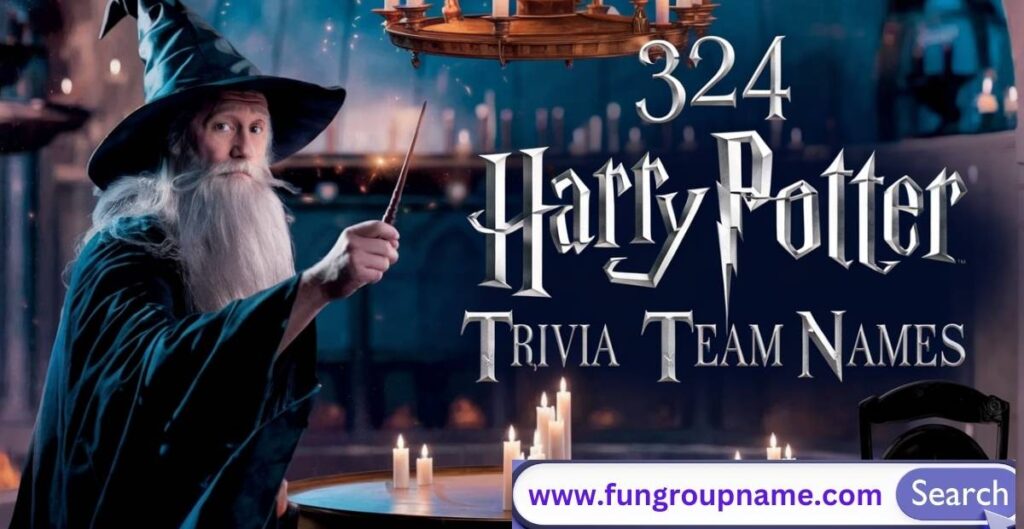 A group of friends dressed in Hogwarts robes at a trivia night, laughing and holding a team sign with a Harry Potter-themed name