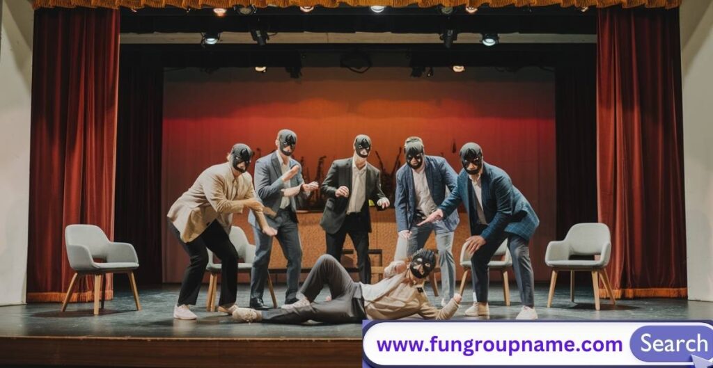 Funny improv group performing on stage with expressive faces, spontaneous humor, and energetic teamwork — perfect visual for creative improv group name ideas.