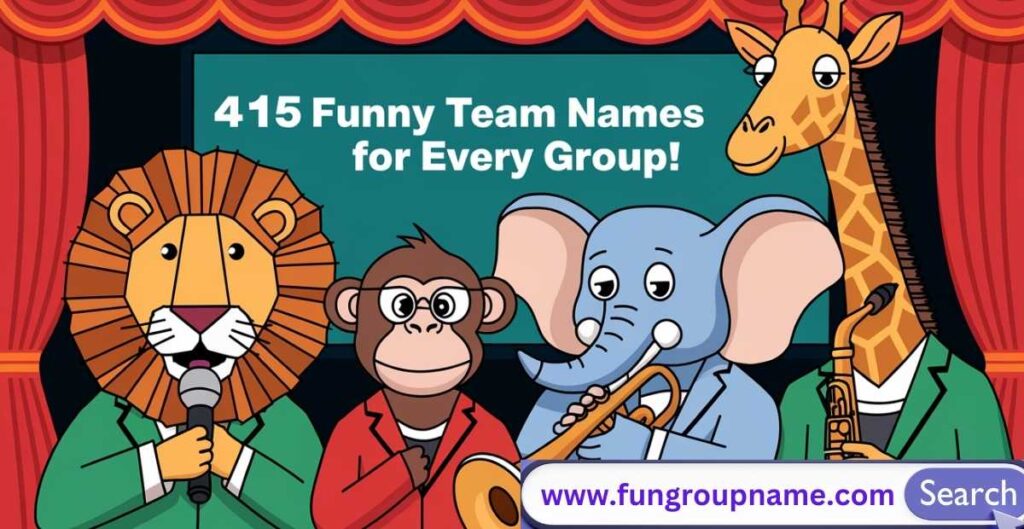 Collection of 415 funny team names for sports, trivia, work groups and more with colorful text overlays showing examples like 'The Goal Diggers' and 'Ctrl Alt Defeat