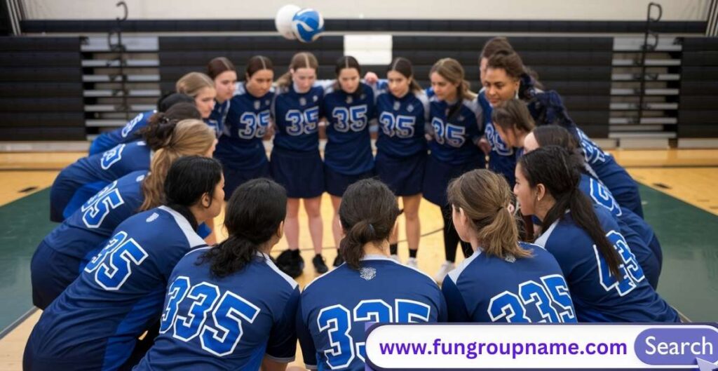 List of classic and popular dodgeball team names displayed on colorful dodgeballs arranged in a playful formation