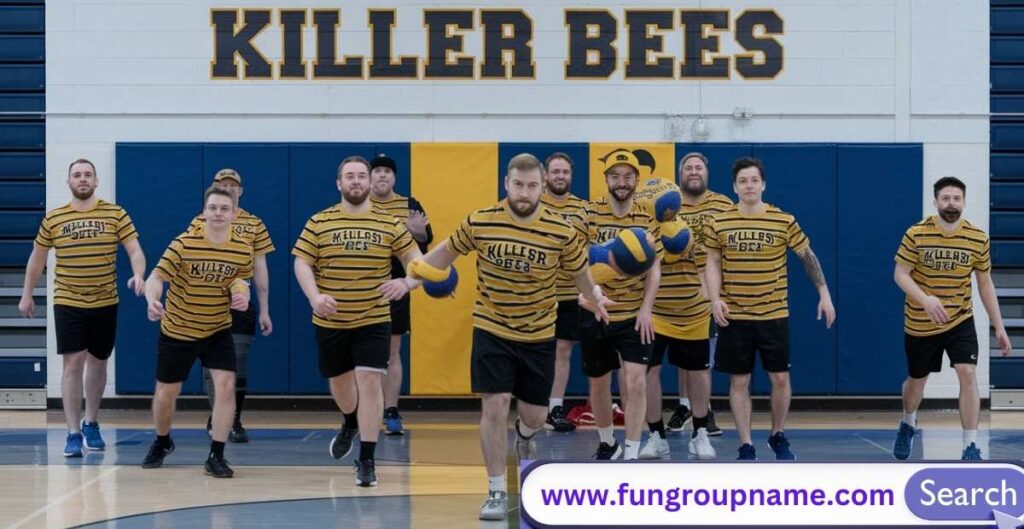 List of creative and funny dodgeball team names displayed on colorful dodgeballs against a court background