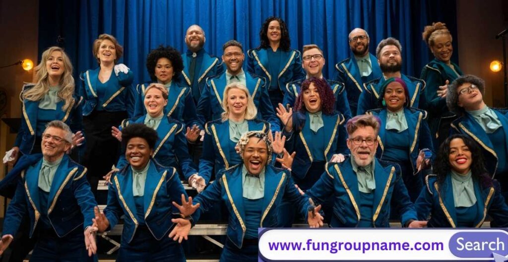 Colorful choir group performing with playful expressions showcasing fun and creative choir names