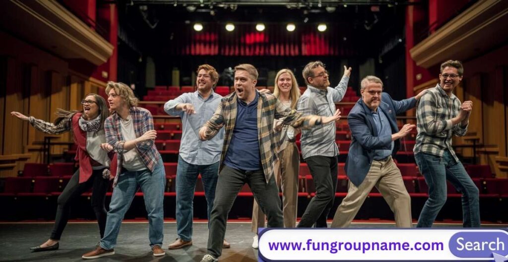 Energetic improv comedy group performing on stage with exaggerated expressions and audience laughter – perfect for funny improv group name inspiration.