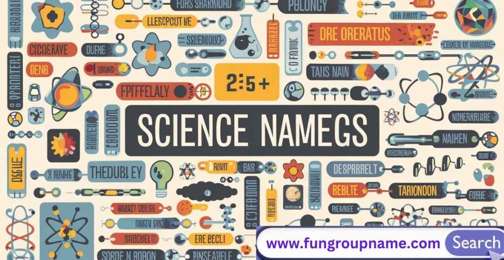 Creative science group names showing laboratory equipment with diverse scientists collaborating on experiments