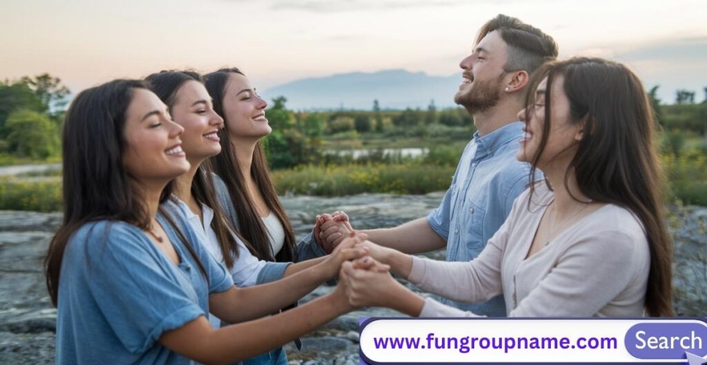 Music and band-inspired group names for 4 friends with colorful musical notes and instruments