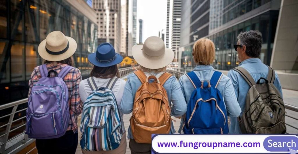 Diverse group of wildlife enthusiasts with binoculars and cameras exploring a lush green forest trail under "Nature and Wildlife Group Names" banner