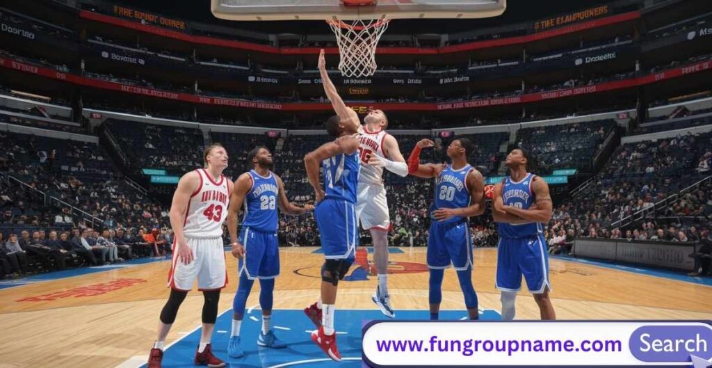 Occupation-based funny basketball team names for company leagues and professional teams showing players in business attire with basketballs