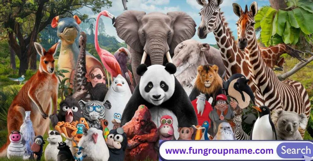 Collection of unusual animal group names including murder of crows, flamboyance of flamingos, and tower of giraffes illustrated with animals in groups