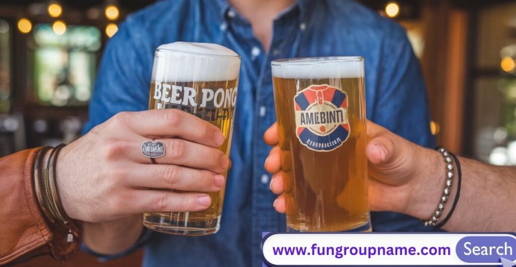 Creative thematic beer pong team names displayed on red cups with ping pong balls for college parties and tournaments