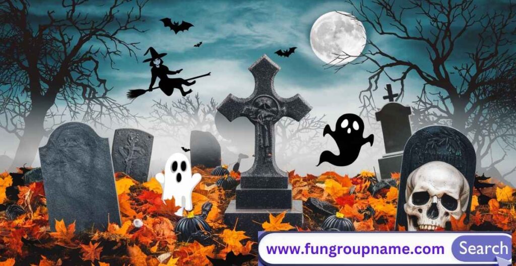 A spooky Halloween-themed team gathering with people in costumes, pumpkins, and foggy night setting, symbolizing fun and creative Halloween team name ideas.