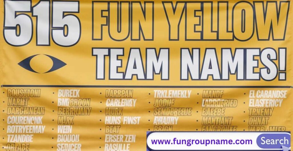 Vibrant team celebrating with yellow uniforms, jerseys, and props holding a banner that reads '515 Fun Yellow Team Names' - perfect for sports teams, work groups, and social events