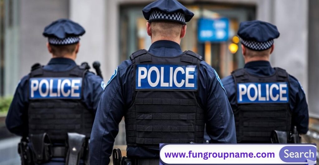 Police officers standing in formation with patrol cars and blue lights, representing classic law enforcement terms like "The Thin Blue Line" and "Crime Stoppers"
