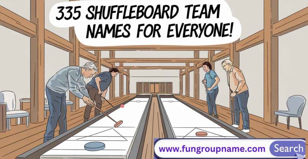 Classic shuffleboard team names displayed on a vintage-style scoreboard on a shuffleboard court.