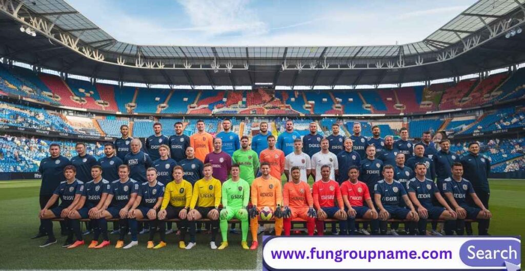 Creative soccer team names displayed on colorful jerseys with players in team huddle on green field