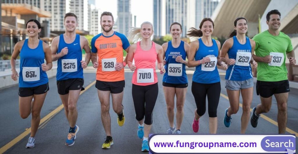 Group of runners wearing hilarious costumes and holding signs with funny 5K team names at a themed race event