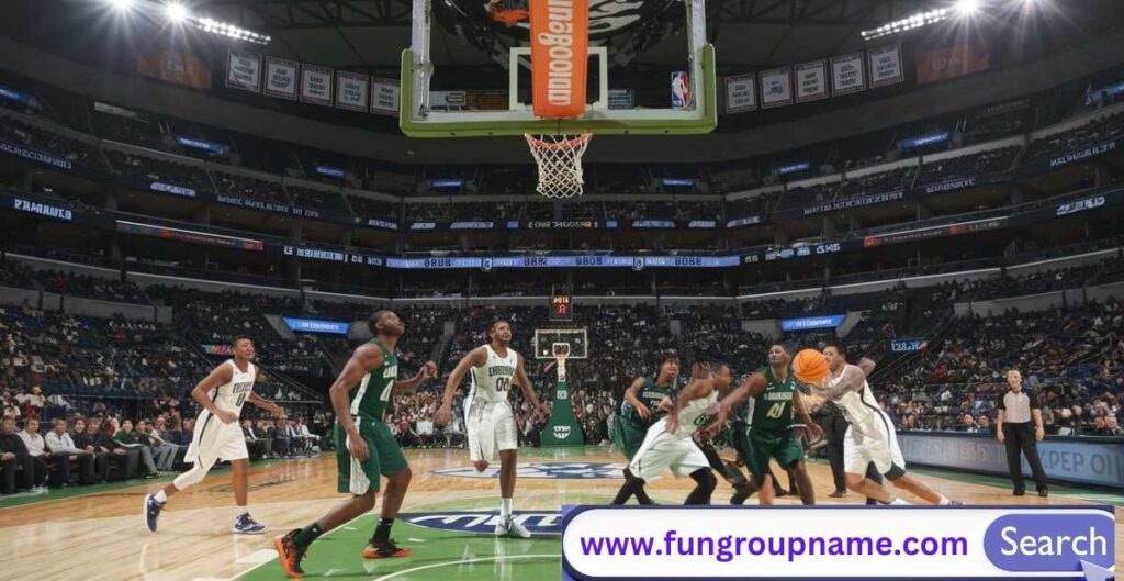 Good Basketball Team Names – vibrant basketball court background with custom team logo ideas for rec leagues and competitive squads