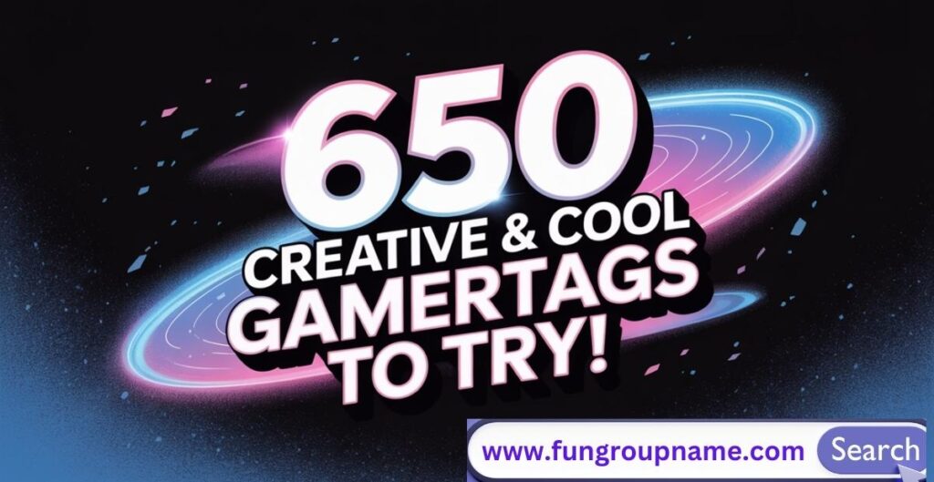 Funny and witty gamertags displayed in colorful gaming text styles with icons like laughing emojis, game controllers, and comic speech bubbles