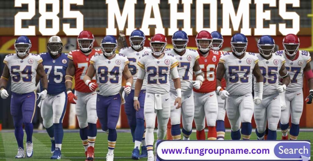 Patrick Mahomes throwing football with fantasy team names surrounding him in Chiefs red and gold colors