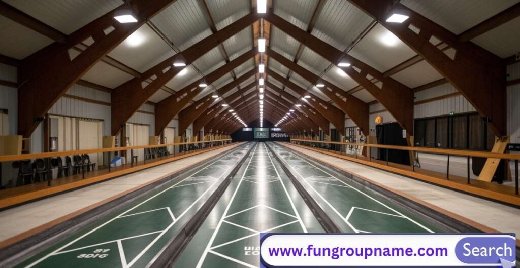 Funny and clever pun-based shuffleboard team names with a colorful shuffleboard court and pucks in motion, perfect for casual or competitive teams.