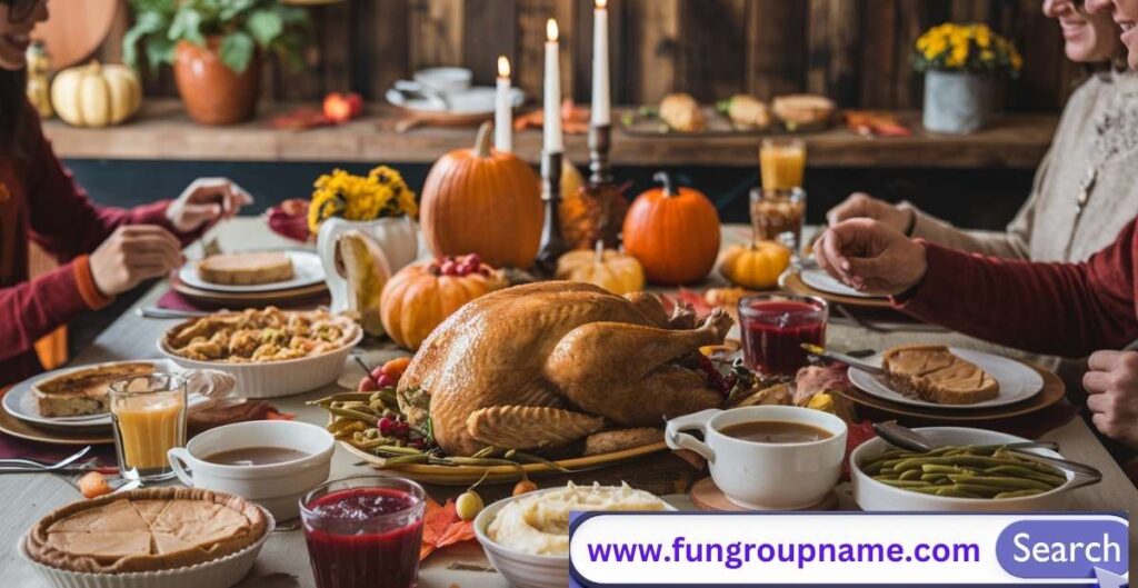 Funny pun-filled Thanksgiving team names in a festive autumn setting with turkeys, pumpkins, and fall leaves