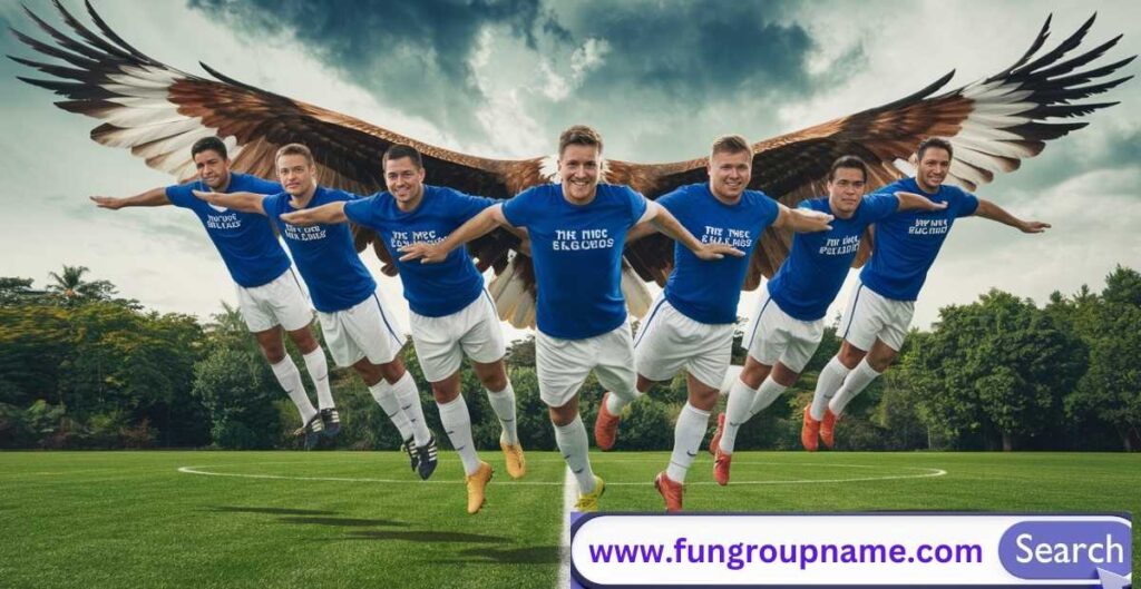 Creative punny soccer team names with players celebrating a goal, wearing jerseys with humorous wordplay like 'Goal Diggers' and 'Net Results