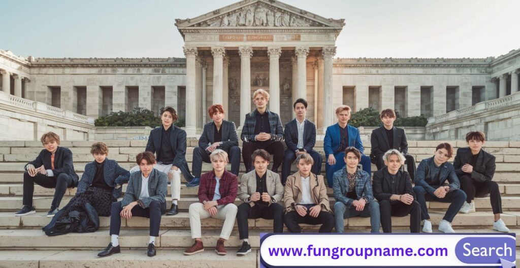 A stylish collage of diverse boy groups posing confidently, with bold text overlay that says “275 Creative Names For Boy Groups” in vibrant modern typography.