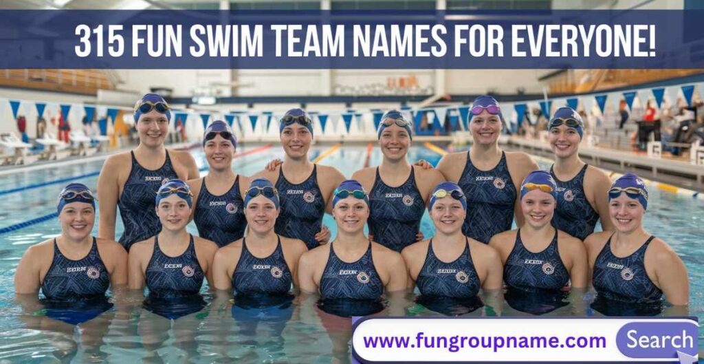 "Creative and fun swim team names – diverse swimming group celebrating by pool with matching uniforms and team spirit"
