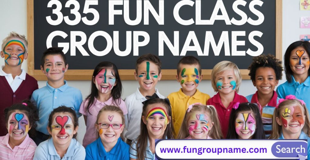 Students laughing in classroom with creative group name ideas written on a chalkboard – perfect for fun class group names inspiration