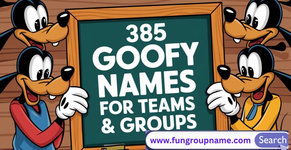 Funny and goofy team name ideas for groups, clubs, and friends with quirky cartoon icons and bold colorful text