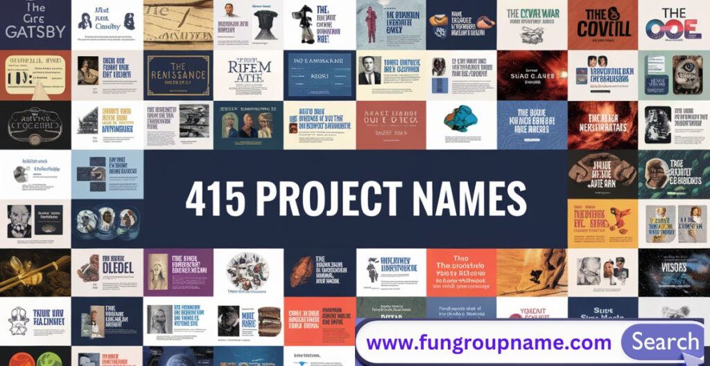 Colorful infographic showcasing 415 creative and catchy project name ideas for work, school, business, and team assignments.