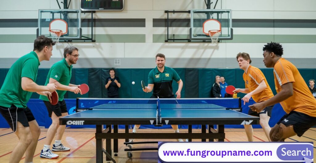 Vintage-style ping pong paddles and table setup representing classic and traditional ping pong team names in a competitive game environment.