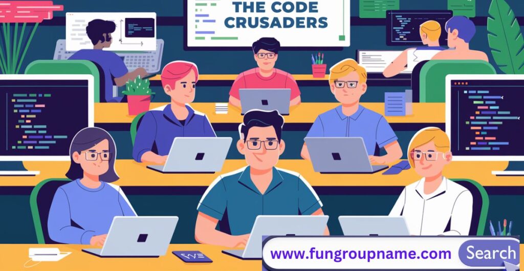 Tech-savvy hackathon team coding together with futuristic UI elements and laptops during a programming challenge.