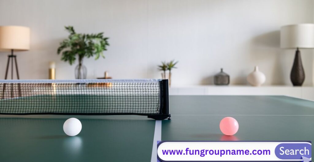 "Creative ping pong team brainstorming session with players choosing unique and unusual names"