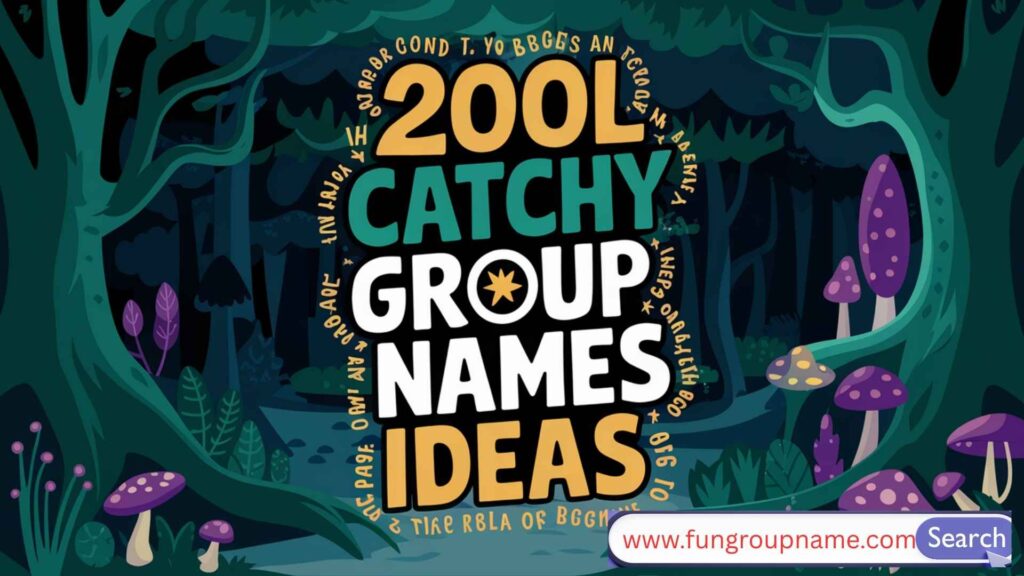 Fantasy-themed dice and character miniatures with text overlay reading '200+ Cool and Catchy DnD Group Names Ideas' for Dungeons and Dragons players