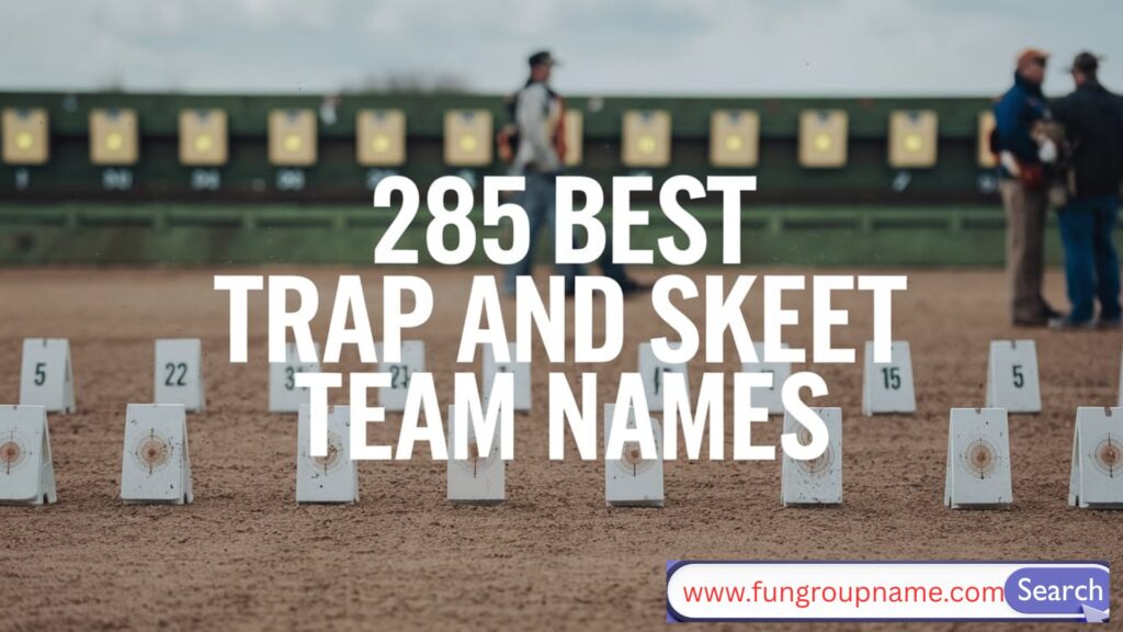 Trap and skeet shooting team members aiming at clay targets during a tournament with creative team banner names in the background.