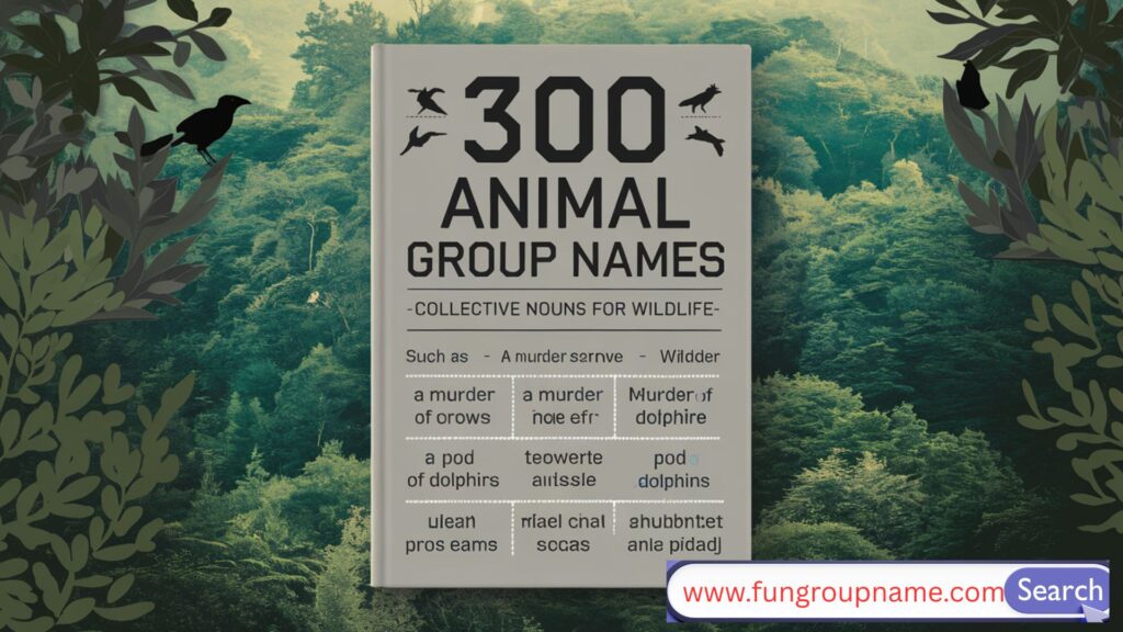 A colorful illustrated collage of animals in groups like a pride of lions, a murder of crows, and a dazzle of zebras in a natural wildlife setting.