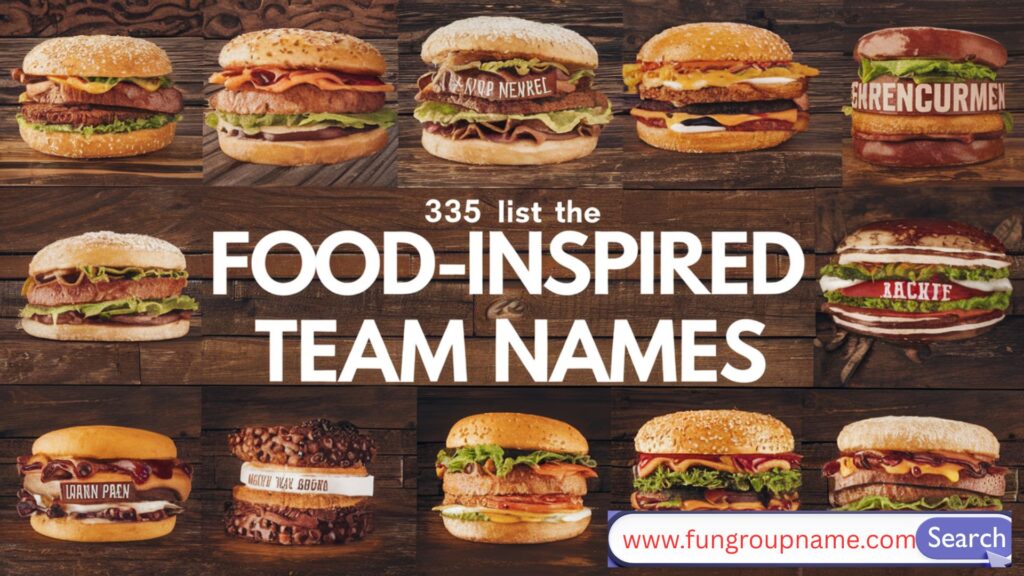Creative and fun food-inspired team names displayed with colorful food illustrations and group icons