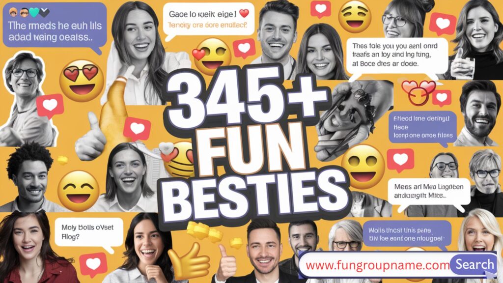 Colorful aesthetic design featuring text “345+ Fun Besties Group Chat Names” with cute emojis, ideal for girl squad chats, BFFs, and fun friend group messaging.