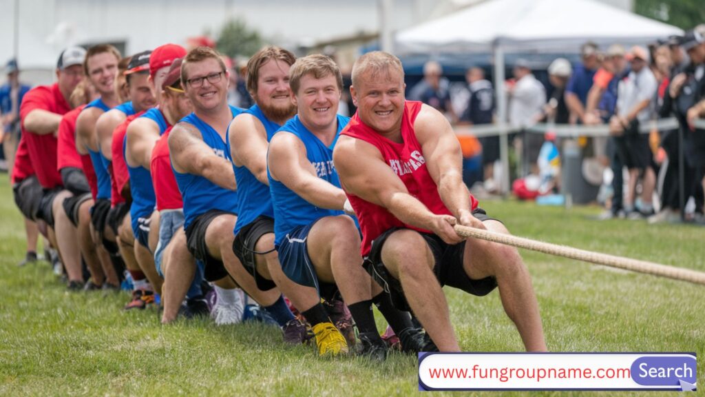 Excited tug of war team pulling rope with energy and teamwork, representing best team name ideas