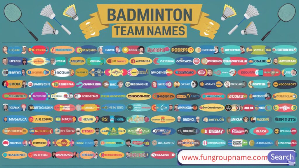 Creative badminton team name image featuring rackets, shuttlecocks, and dynamic players with bold team name overlays.