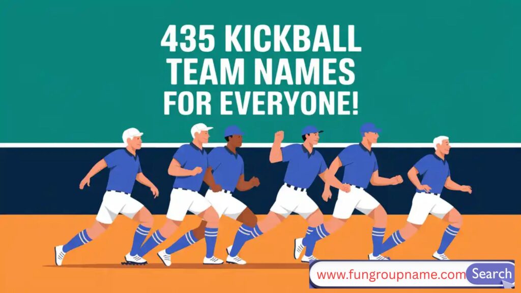 Fun and creative kickball team names banner with sporty, energetic typography for blog post on 435 best kickball team name ideas.