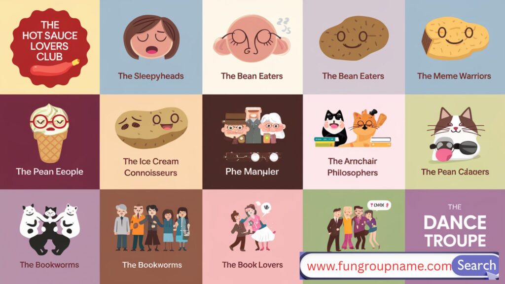 Absurd and surreal group name ideas in a colorful, quirky style perfect for funny group chats and creative teams

