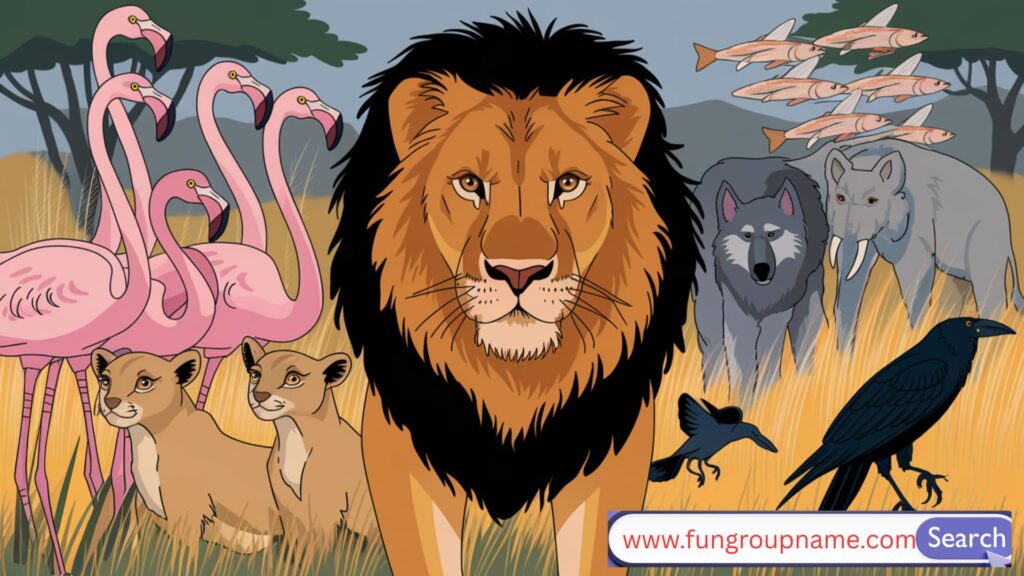 Animal group names for A to C – Illustrated examples like an army of ants, a bask of crocodiles, and a charm of finches in nature

