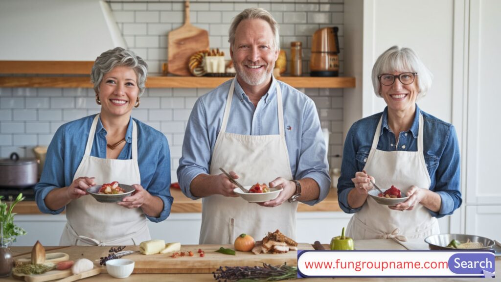 Classic cooking team name ideas displayed with kitchen utensils, chef hats, and retro culinary vibes.

