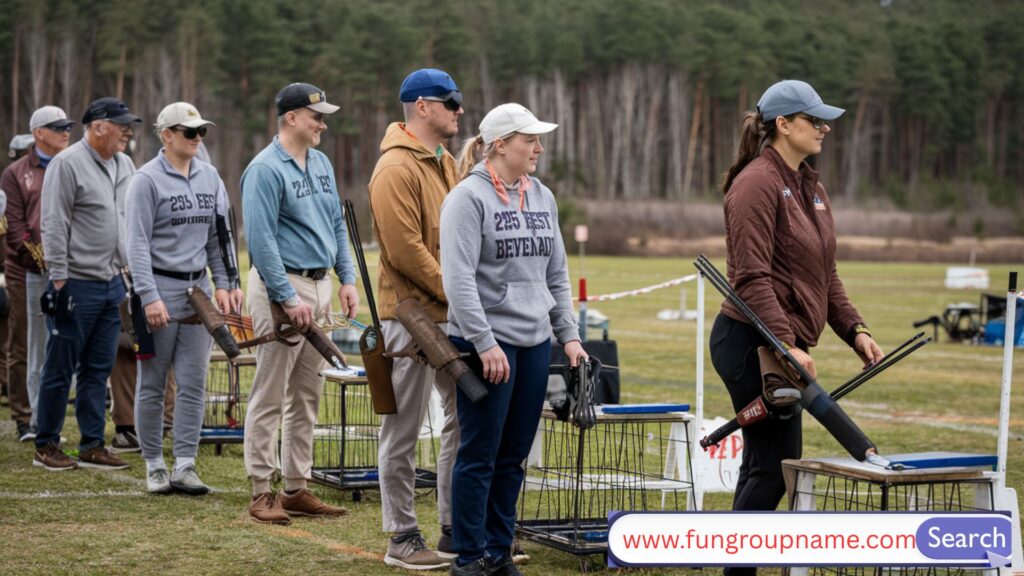 Classic trap and skeet team posing with shotguns at a shooting range in vintage-style uniforms


