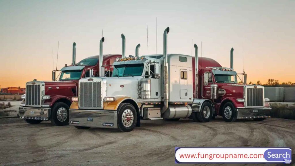 Powerful truck convoy parked together on an open highway, symbolizing unity and good truck group name ideas
