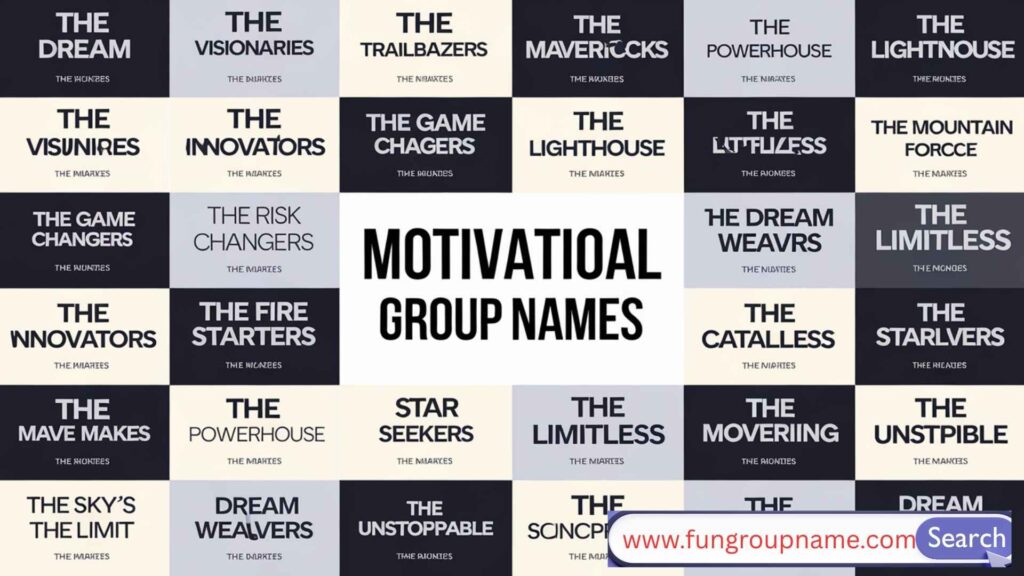 Motivational group names for teams, including inspiring ideas for men, women, and pop culture-themed squads