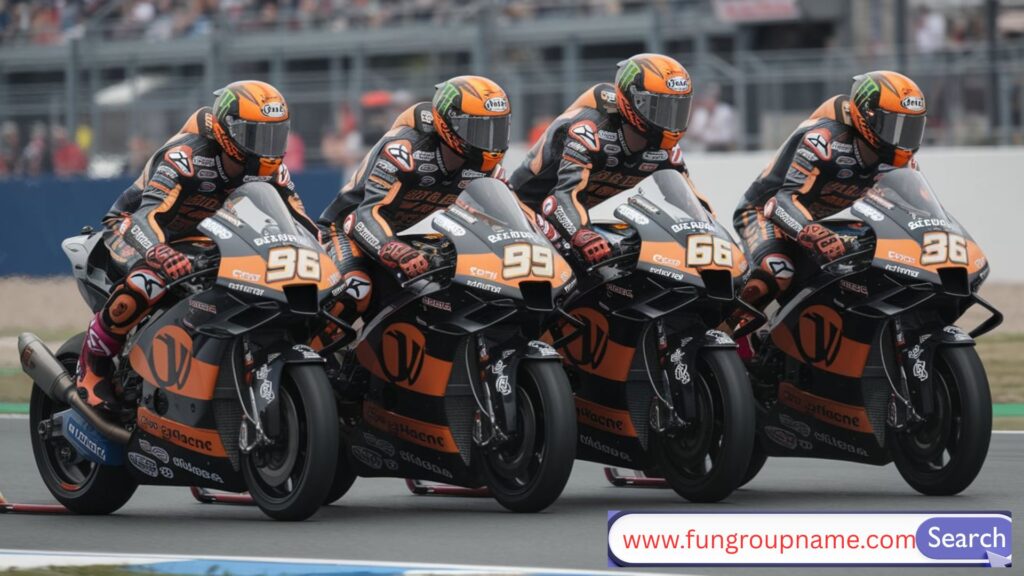 Motorcycle racing team revving on track with bold team branding and sleek bikes under dramatic lighting

